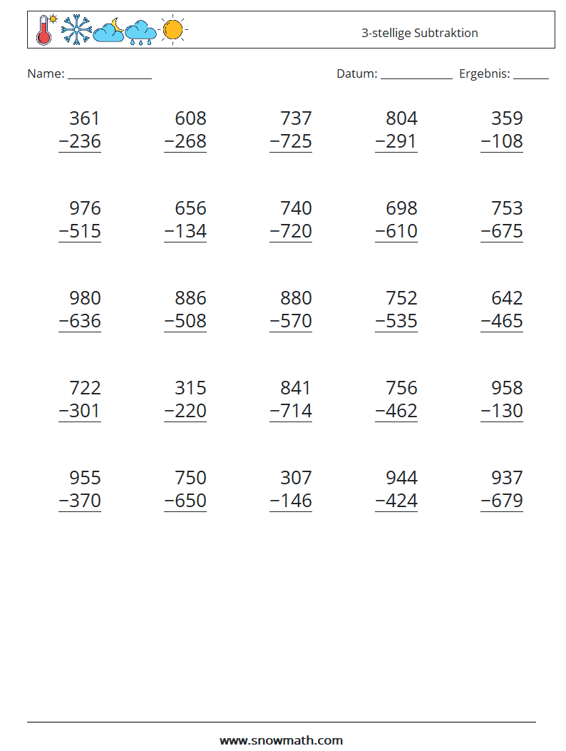 (25) 3-stellige Subtraktion Mathe-Arbeitsblätter 9