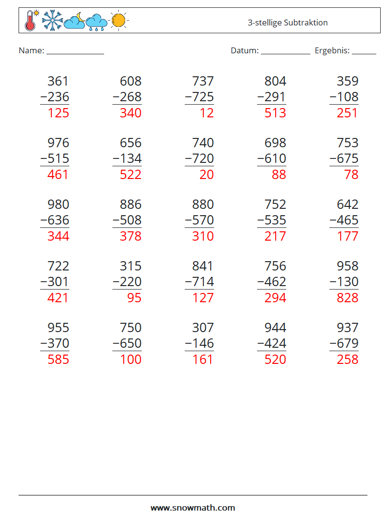 (25) 3-stellige Subtraktion Mathe-Arbeitsblätter 9 Frage, Antwort