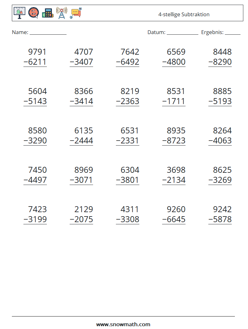 (25) 4-stellige Subtraktion Mathe-Arbeitsblätter 1