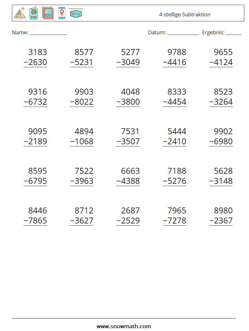 (25) 4-stellige Subtraktion Mathe-Arbeitsblätter 10