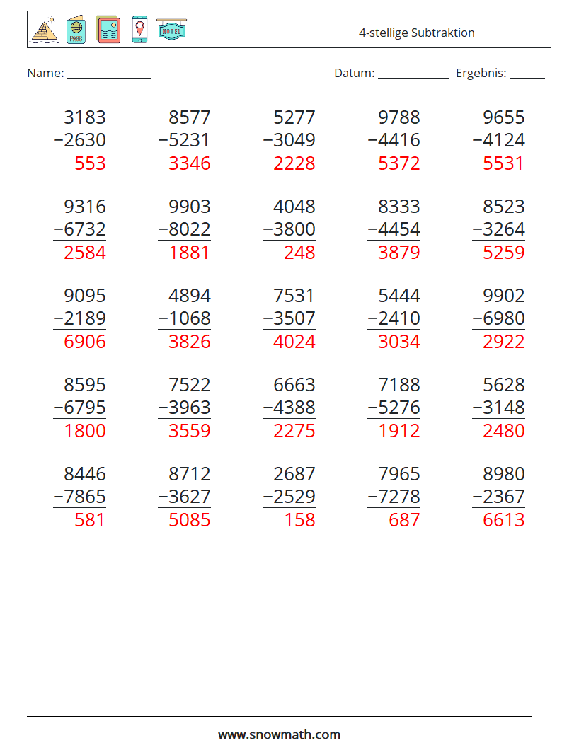 (25) 4-stellige Subtraktion Mathe-Arbeitsblätter 10 Frage, Antwort