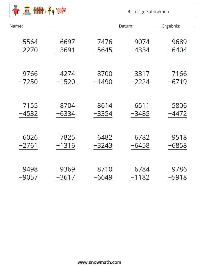 (25) 4-stellige Subtraktion Mathe-Arbeitsblätter 11