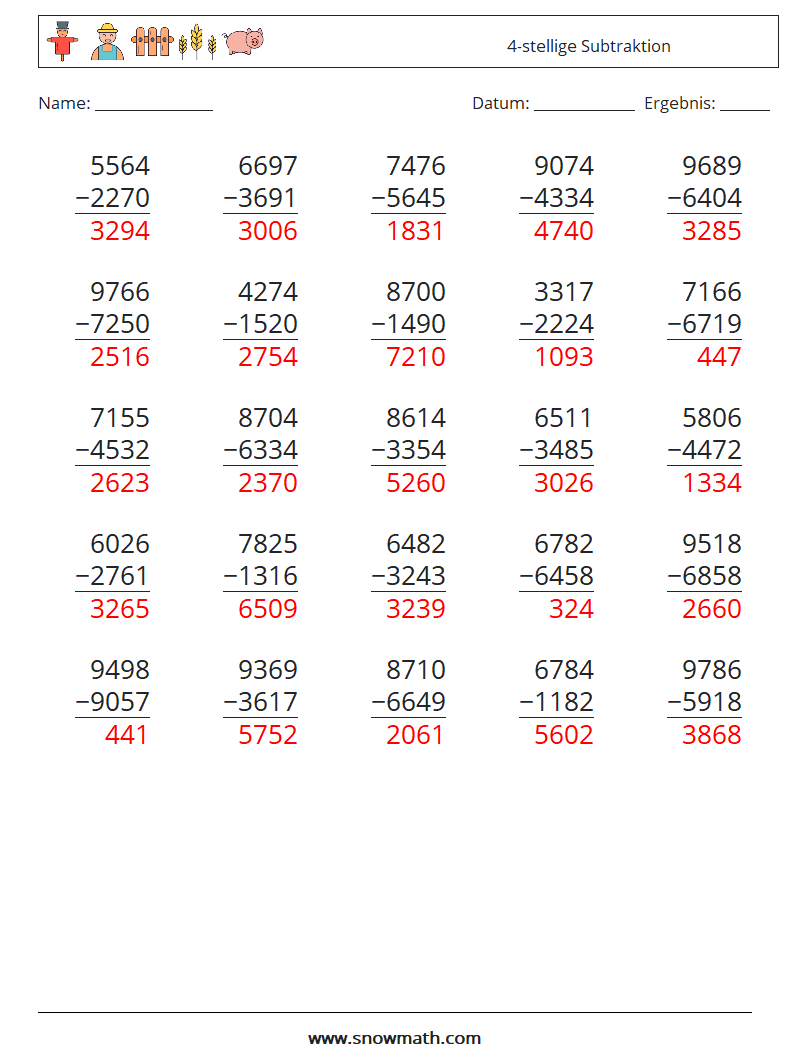 (25) 4-stellige Subtraktion Mathe-Arbeitsblätter 11 Frage, Antwort