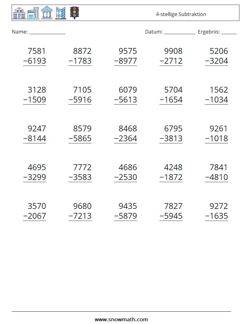 (25) 4-stellige Subtraktion Mathe-Arbeitsblätter 12