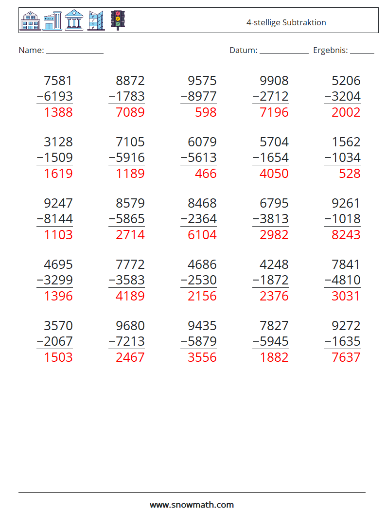 (25) 4-stellige Subtraktion Mathe-Arbeitsblätter 12 Frage, Antwort