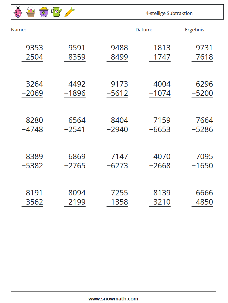 (25) 4-stellige Subtraktion Mathe-Arbeitsblätter 13