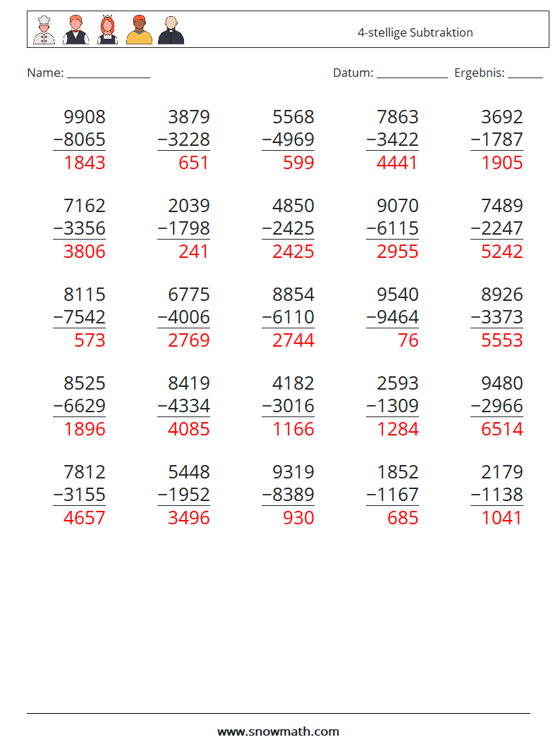 (25) 4-stellige Subtraktion Mathe-Arbeitsblätter 14 Frage, Antwort