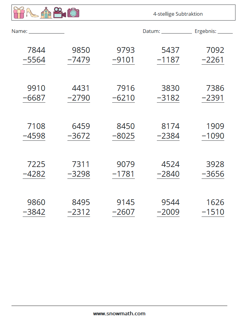 (25) 4-stellige Subtraktion Mathe-Arbeitsblätter 15