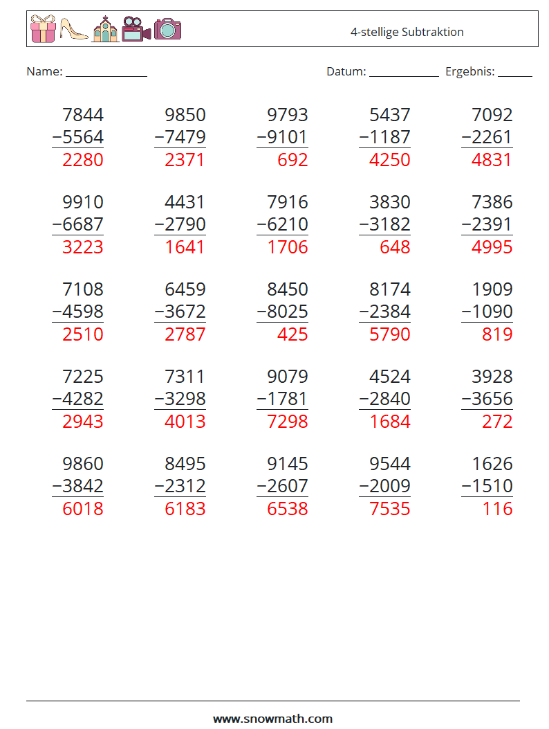 (25) 4-stellige Subtraktion Mathe-Arbeitsblätter 15 Frage, Antwort