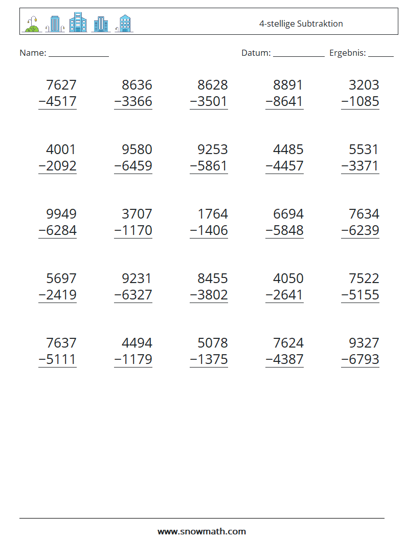 (25) 4-stellige Subtraktion Mathe-Arbeitsblätter 17