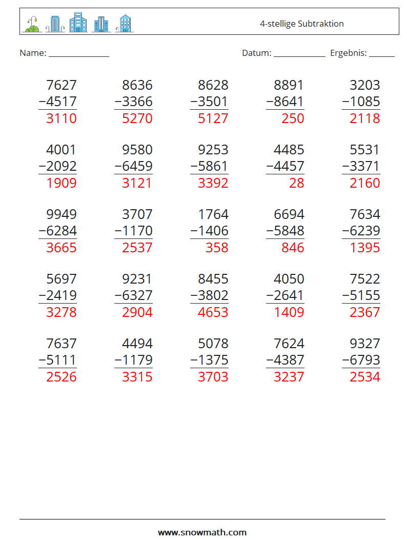 (25) 4-stellige Subtraktion Mathe-Arbeitsblätter 17 Frage, Antwort