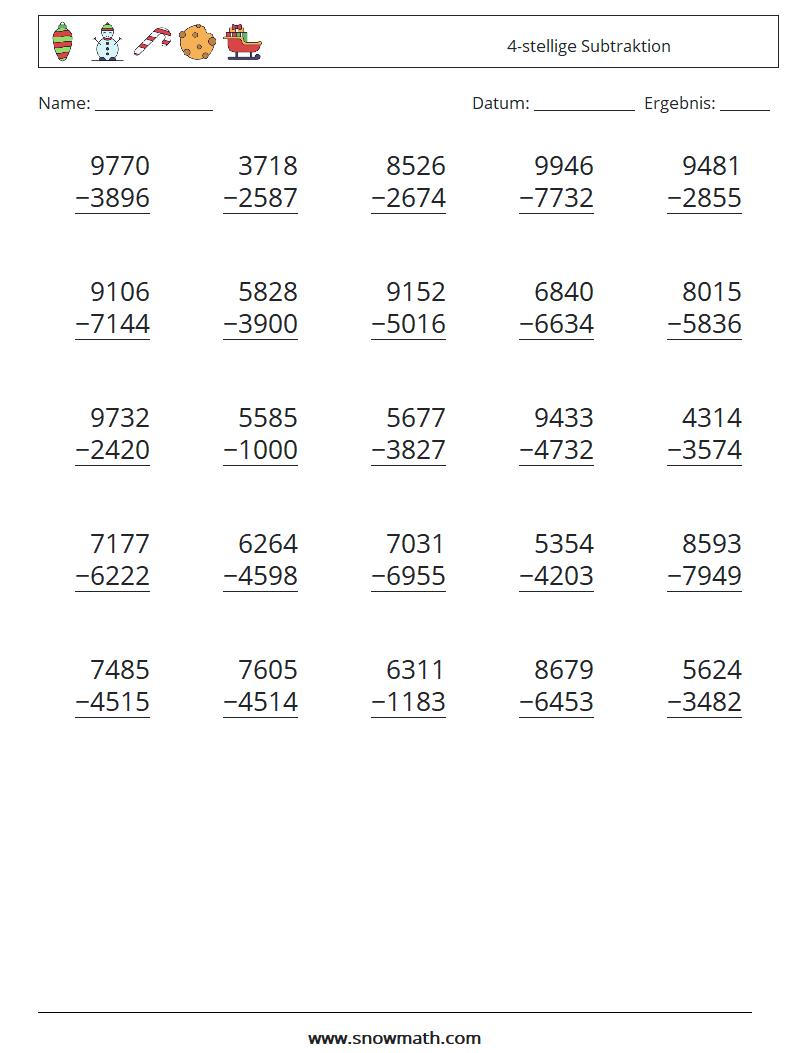 (25) 4-stellige Subtraktion Mathe-Arbeitsblätter 18