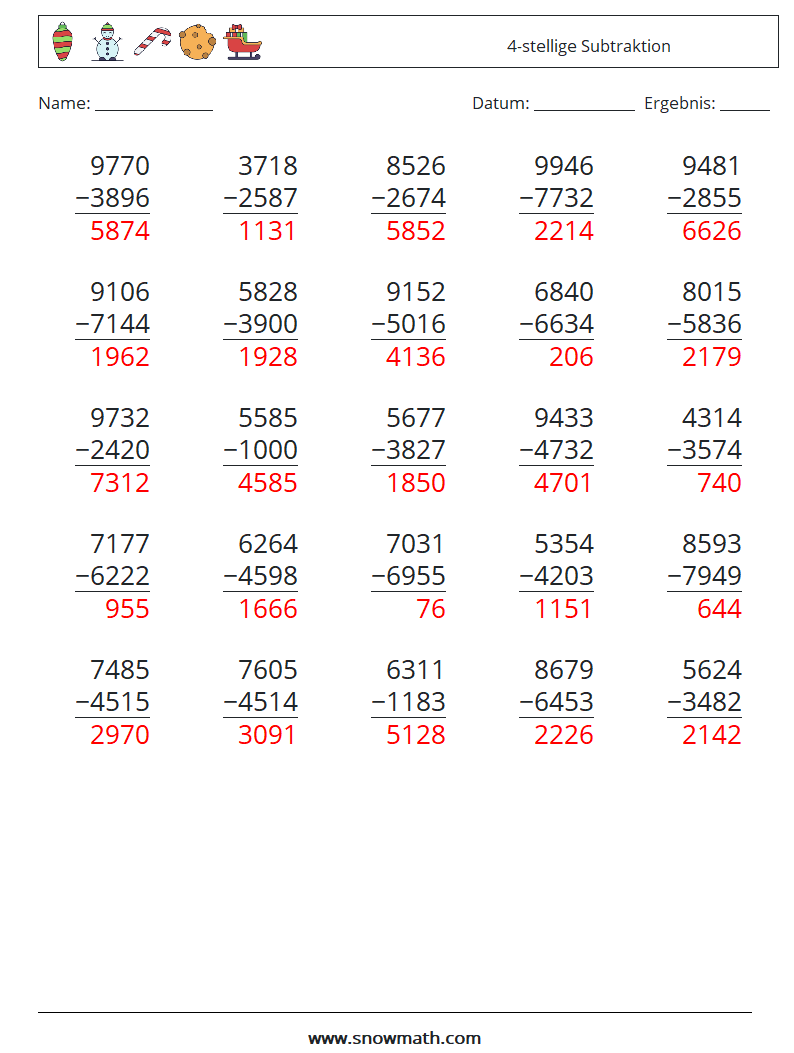 (25) 4-stellige Subtraktion Mathe-Arbeitsblätter 18 Frage, Antwort