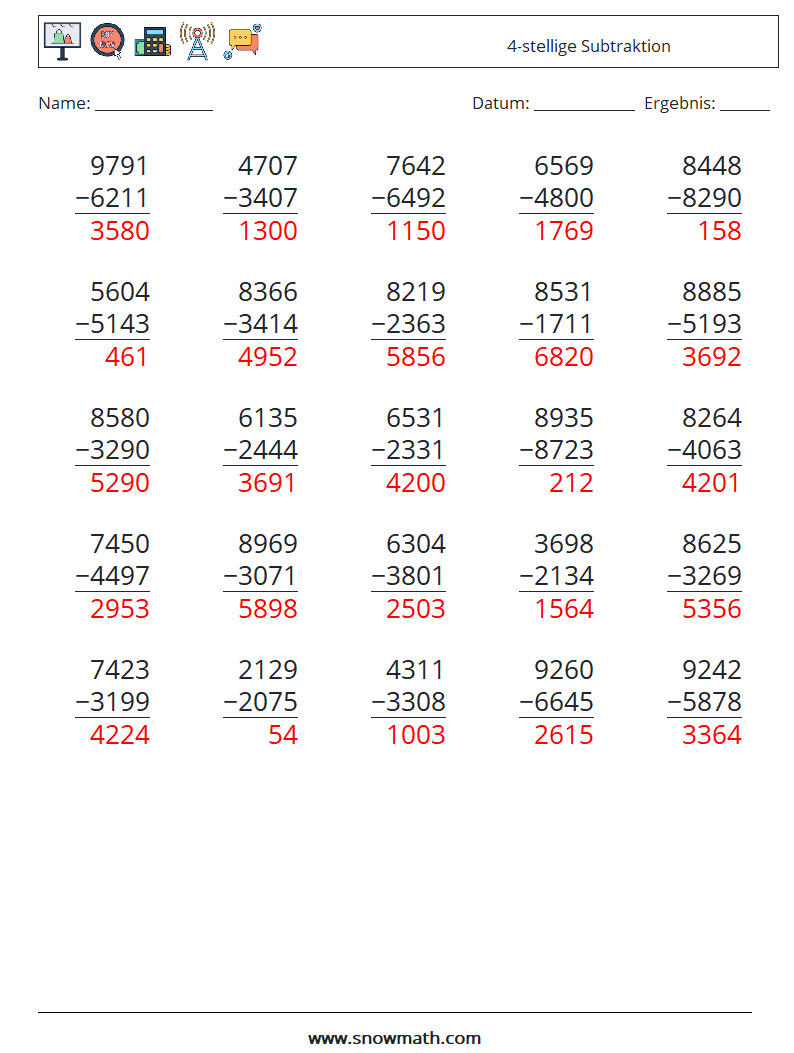 (25) 4-stellige Subtraktion Mathe-Arbeitsblätter 1 Frage, Antwort