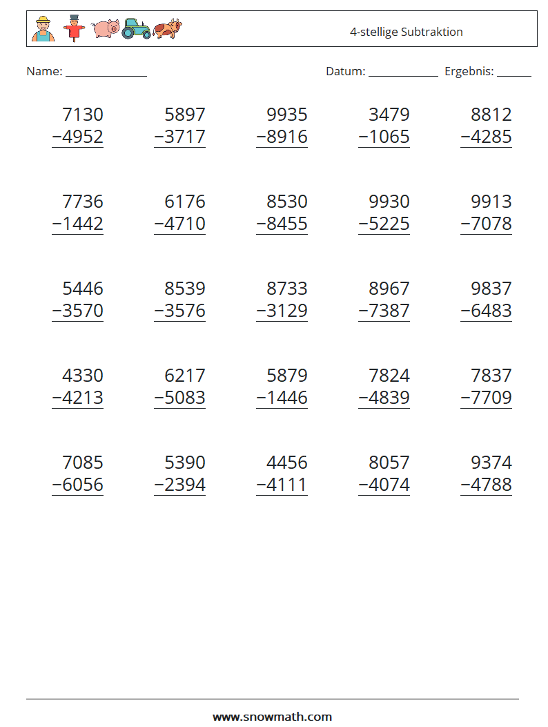 (25) 4-stellige Subtraktion Mathe-Arbeitsblätter 2