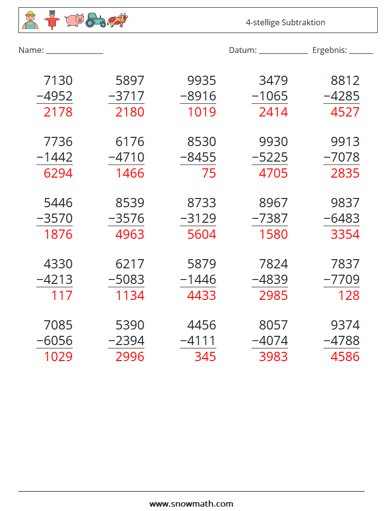 (25) 4-stellige Subtraktion Mathe-Arbeitsblätter 2 Frage, Antwort