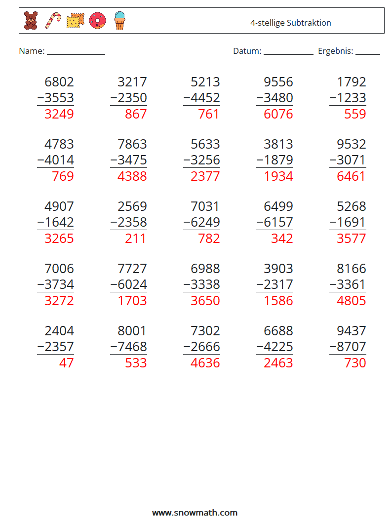 (25) 4-stellige Subtraktion Mathe-Arbeitsblätter 3 Frage, Antwort