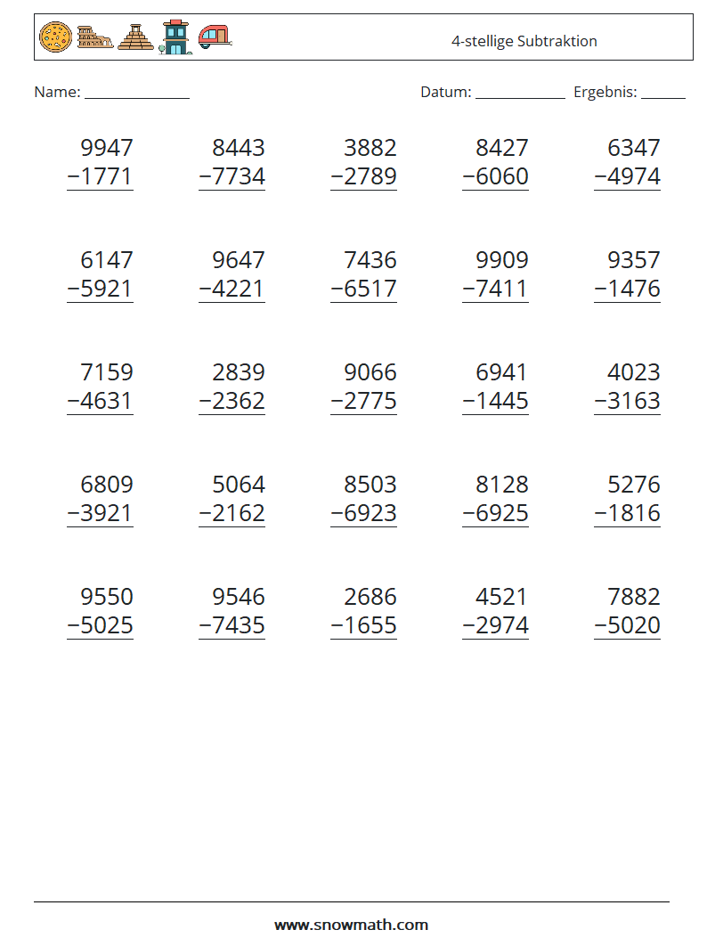 (25) 4-stellige Subtraktion Mathe-Arbeitsblätter 4