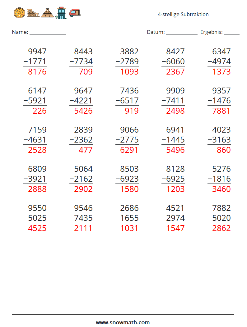 (25) 4-stellige Subtraktion Mathe-Arbeitsblätter 4 Frage, Antwort