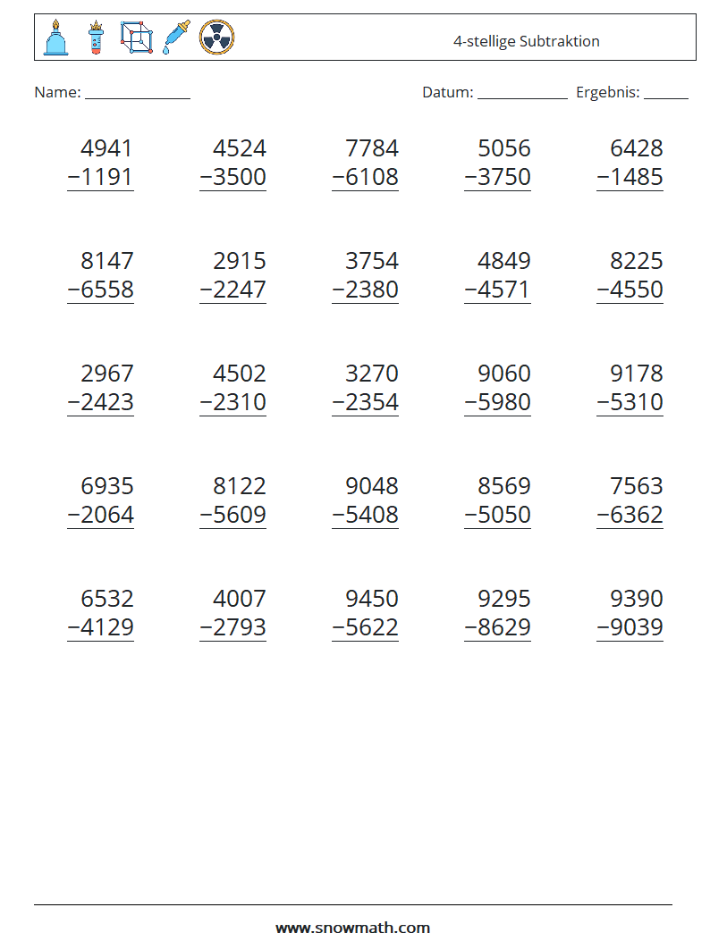 (25) 4-stellige Subtraktion Mathe-Arbeitsblätter 5