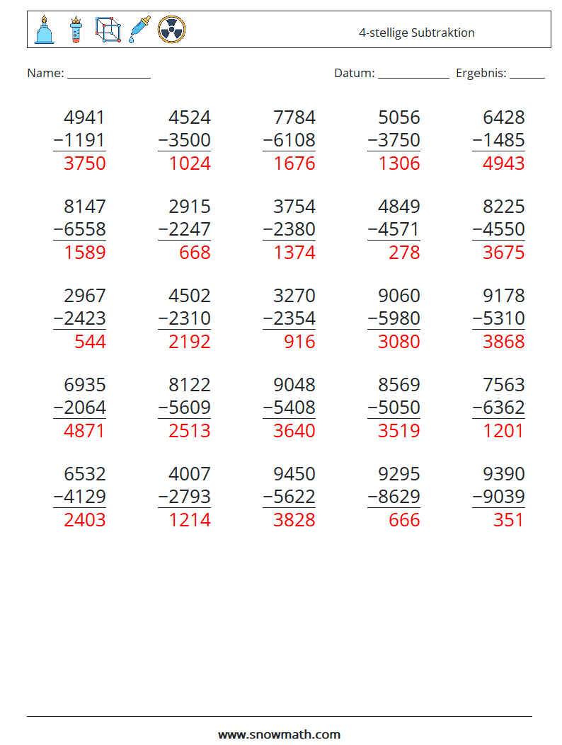 (25) 4-stellige Subtraktion Mathe-Arbeitsblätter 5 Frage, Antwort