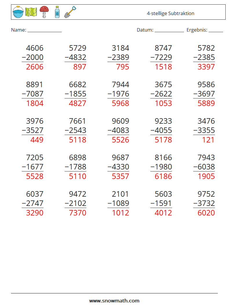 (25) 4-stellige Subtraktion Mathe-Arbeitsblätter 6 Frage, Antwort