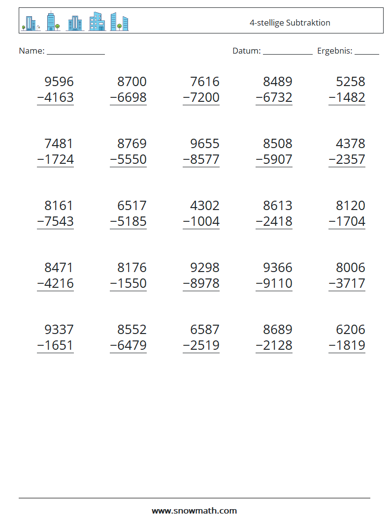 (25) 4-stellige Subtraktion Mathe-Arbeitsblätter 7