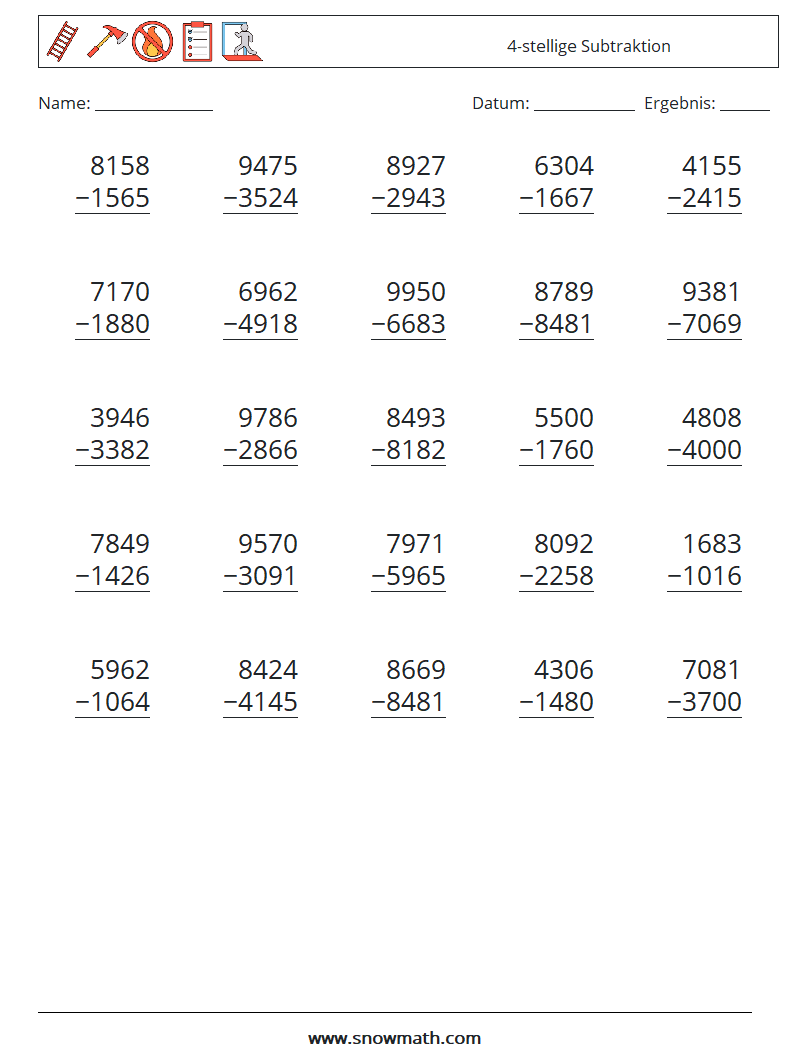 (25) 4-stellige Subtraktion Mathe-Arbeitsblätter 8