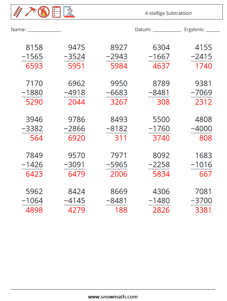 (25) 4-stellige Subtraktion Mathe-Arbeitsblätter 8 Frage, Antwort