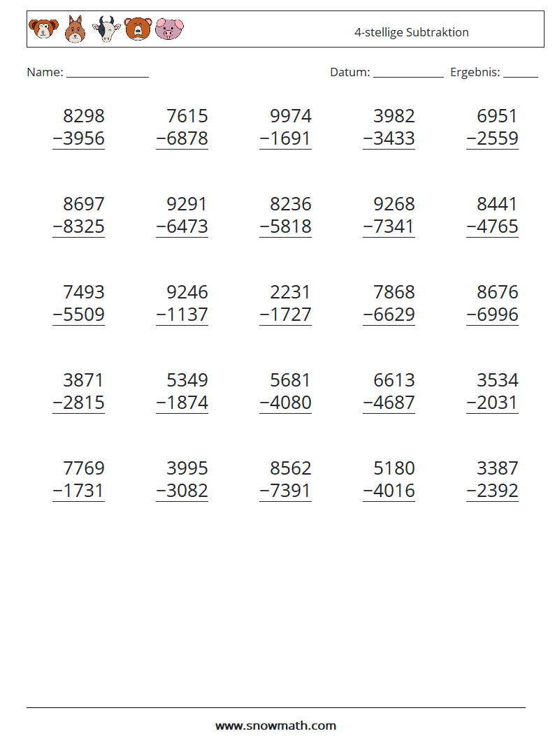 (25) 4-stellige Subtraktion Mathe-Arbeitsblätter 9