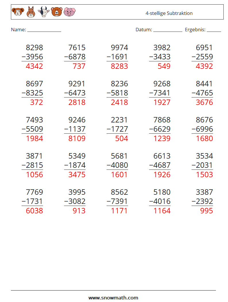 (25) 4-stellige Subtraktion Mathe-Arbeitsblätter 9 Frage, Antwort