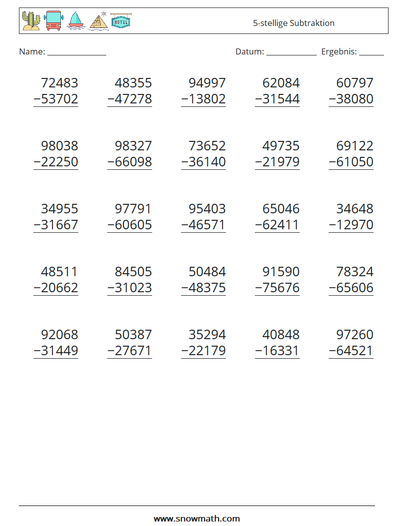 (25) 5-stellige Subtraktion Mathe-Arbeitsblätter 1