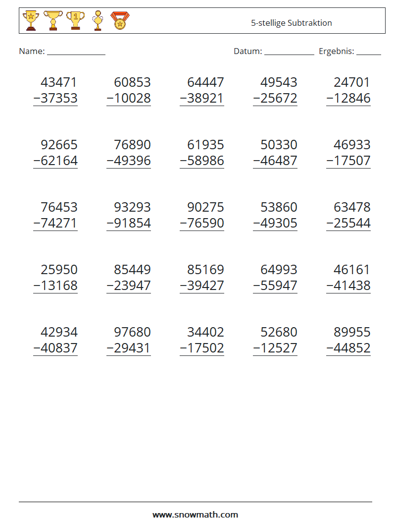 (25) 5-stellige Subtraktion Mathe-Arbeitsblätter 10