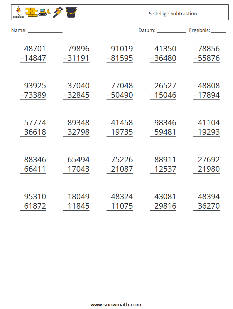 (25) 5-stellige Subtraktion Mathe-Arbeitsblätter 11