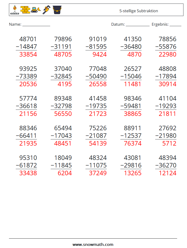 (25) 5-stellige Subtraktion Mathe-Arbeitsblätter 11 Frage, Antwort