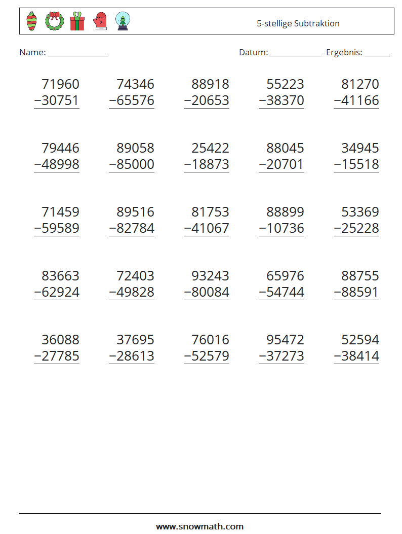 (25) 5-stellige Subtraktion Mathe-Arbeitsblätter 12