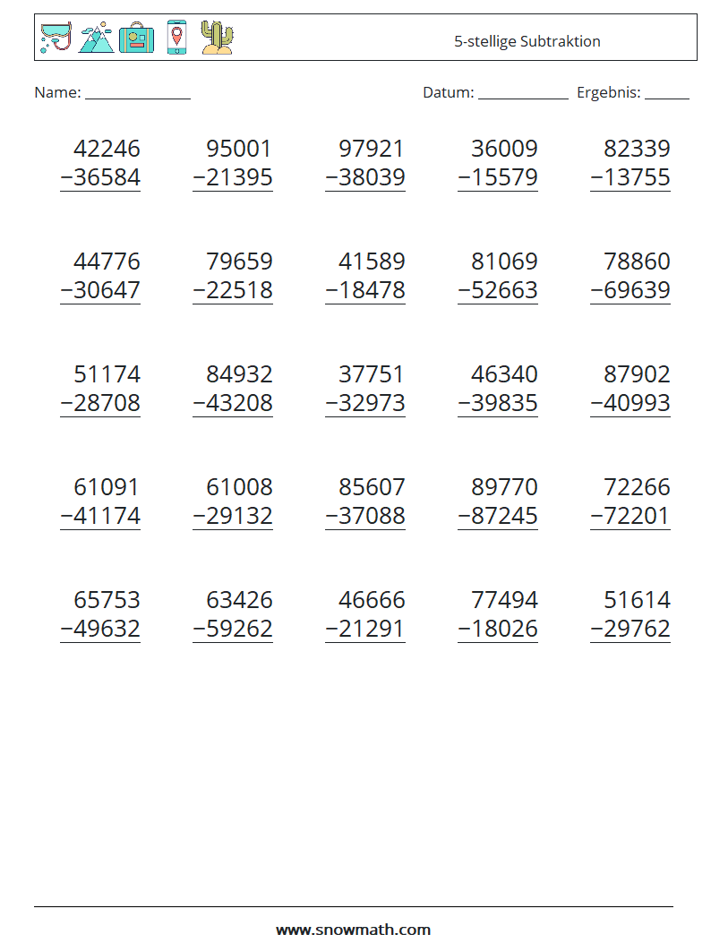 (25) 5-stellige Subtraktion Mathe-Arbeitsblätter 13