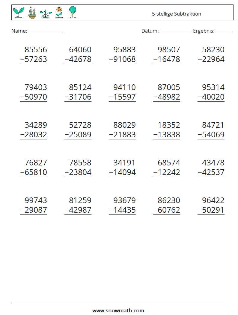 (25) 5-stellige Subtraktion Mathe-Arbeitsblätter 14