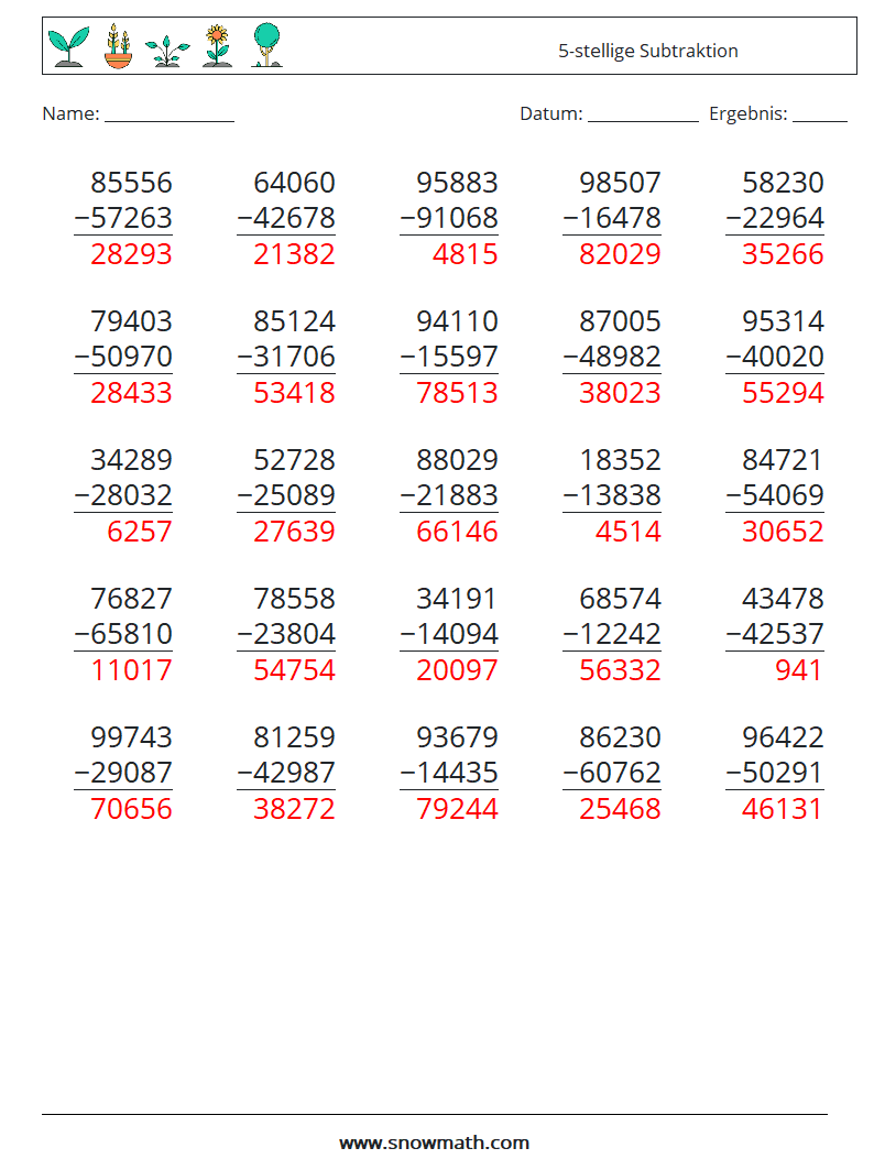 (25) 5-stellige Subtraktion Mathe-Arbeitsblätter 14 Frage, Antwort