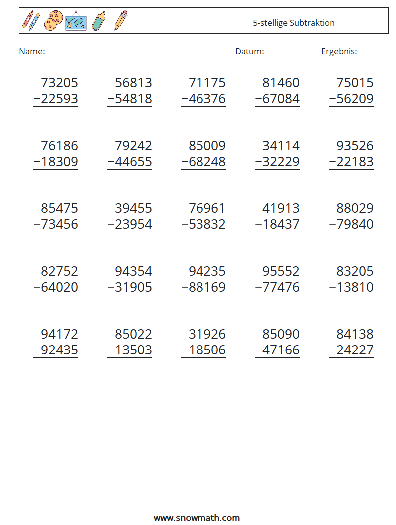 (25) 5-stellige Subtraktion Mathe-Arbeitsblätter 16