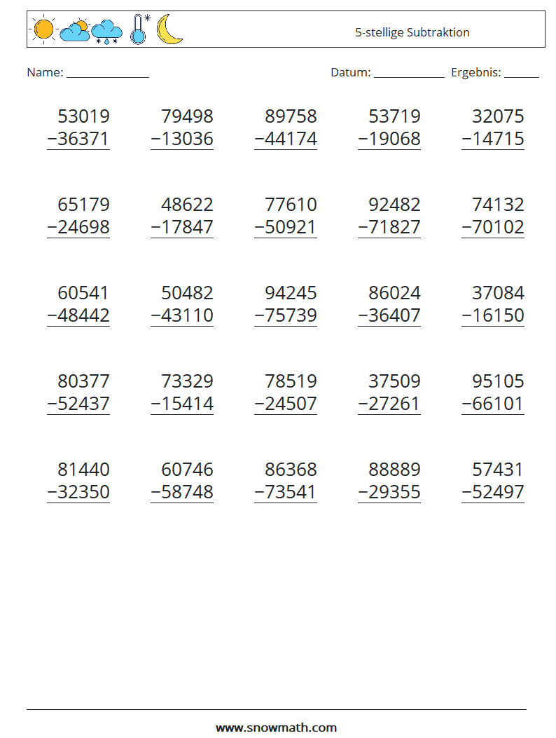 (25) 5-stellige Subtraktion Mathe-Arbeitsblätter 17