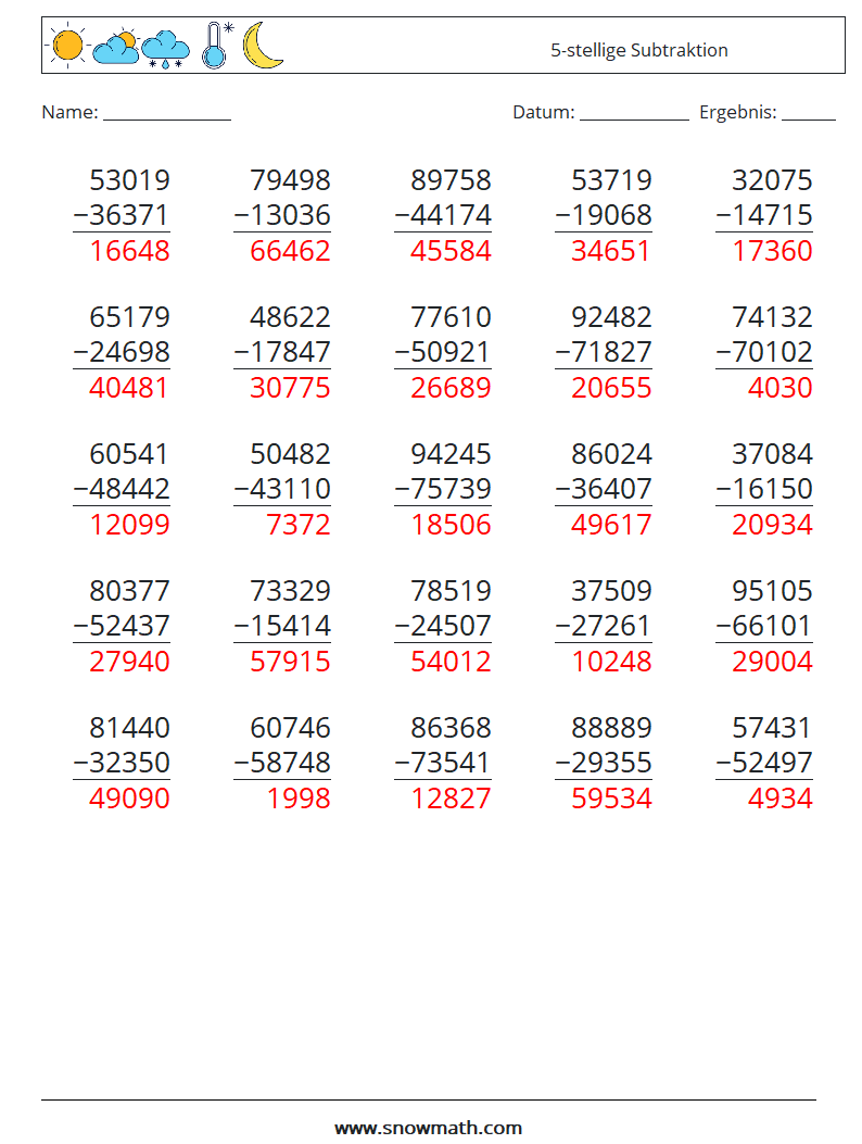 (25) 5-stellige Subtraktion Mathe-Arbeitsblätter 17 Frage, Antwort