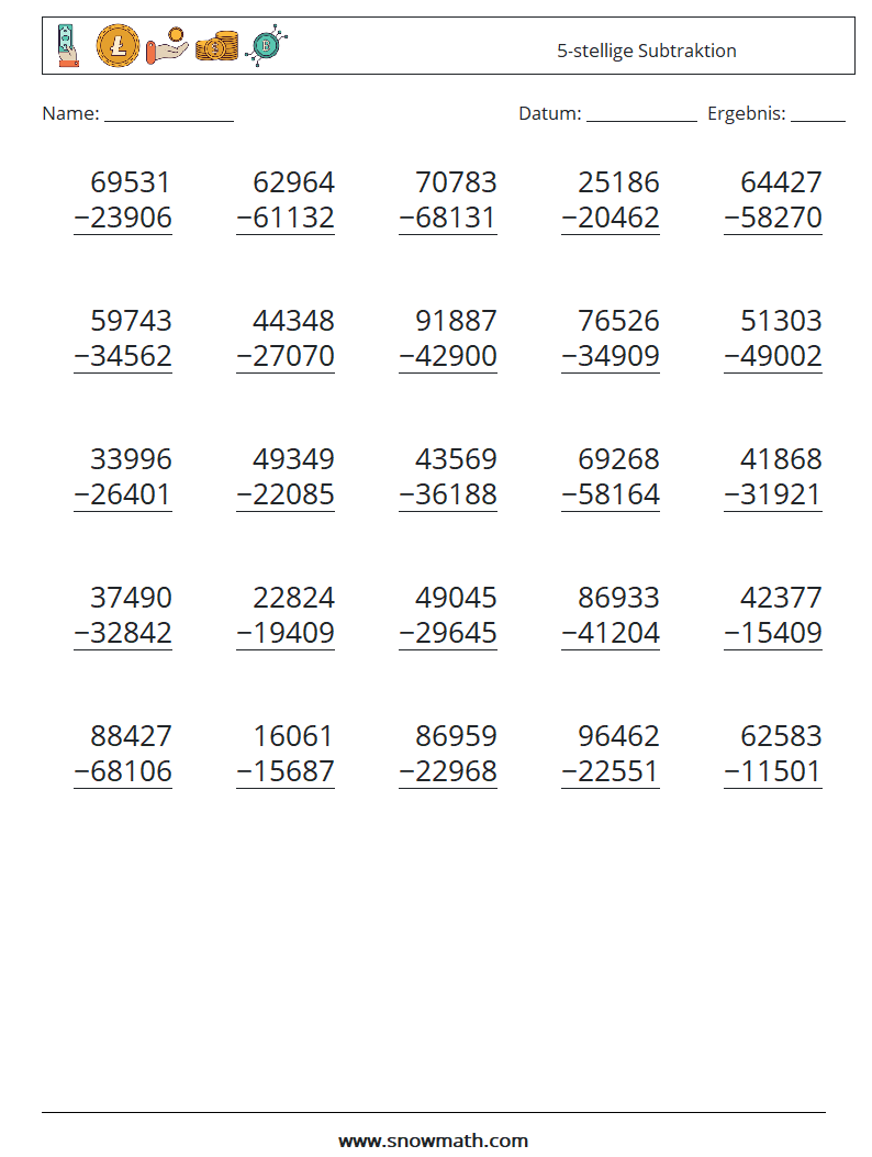 (25) 5-stellige Subtraktion Mathe-Arbeitsblätter 18