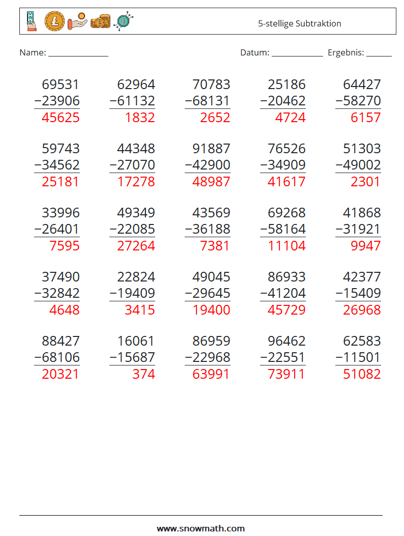 (25) 5-stellige Subtraktion Mathe-Arbeitsblätter 18 Frage, Antwort