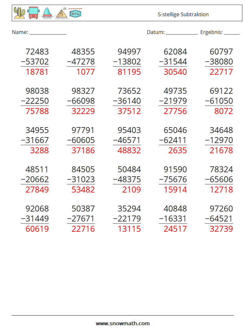 (25) 5-stellige Subtraktion Mathe-Arbeitsblätter 1 Frage, Antwort