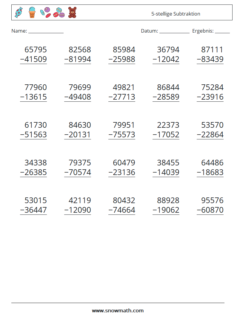 (25) 5-stellige Subtraktion Mathe-Arbeitsblätter 2