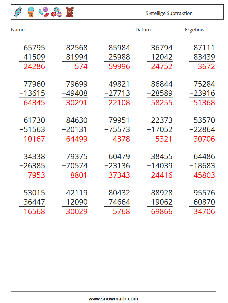 (25) 5-stellige Subtraktion Mathe-Arbeitsblätter 2 Frage, Antwort