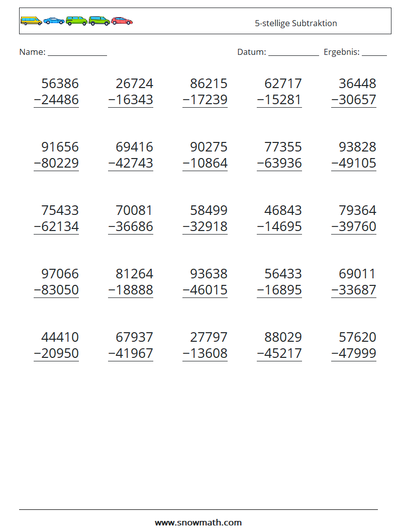 (25) 5-stellige Subtraktion Mathe-Arbeitsblätter 3