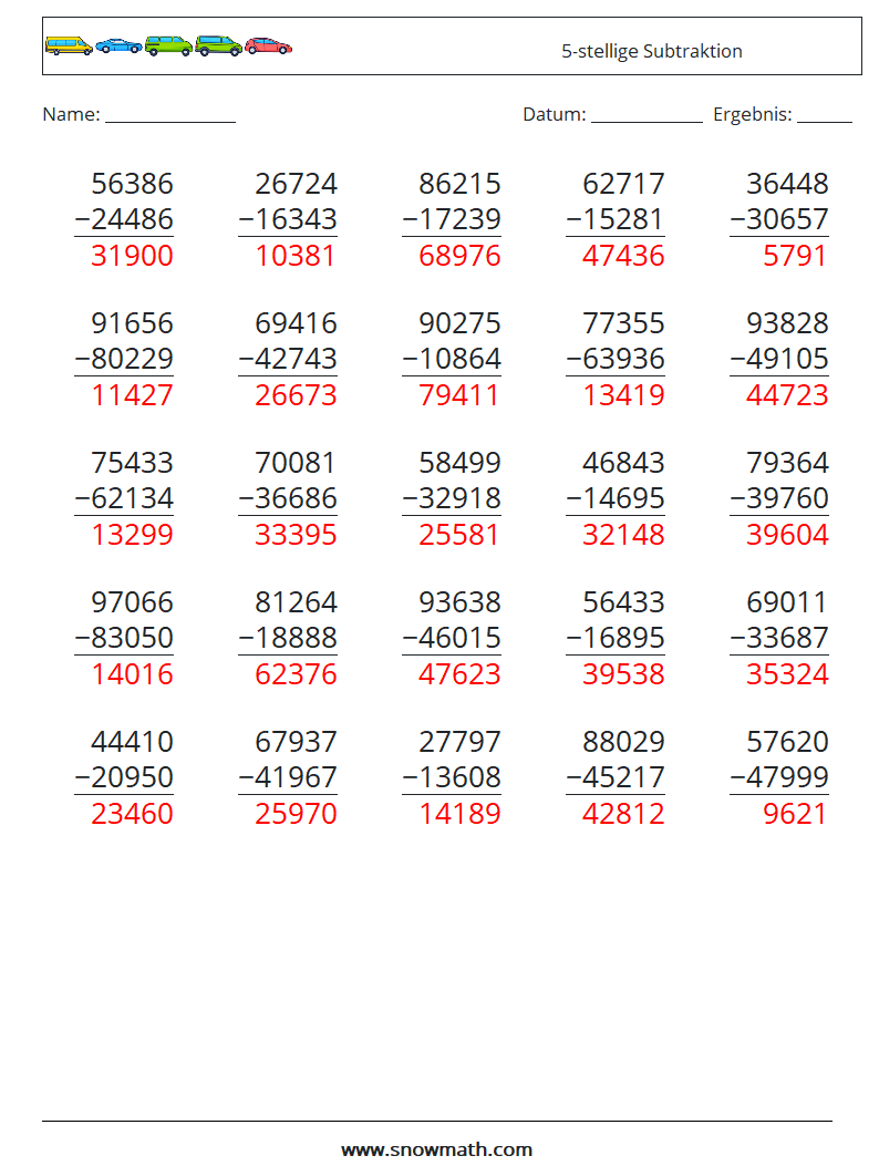 (25) 5-stellige Subtraktion Mathe-Arbeitsblätter 3 Frage, Antwort