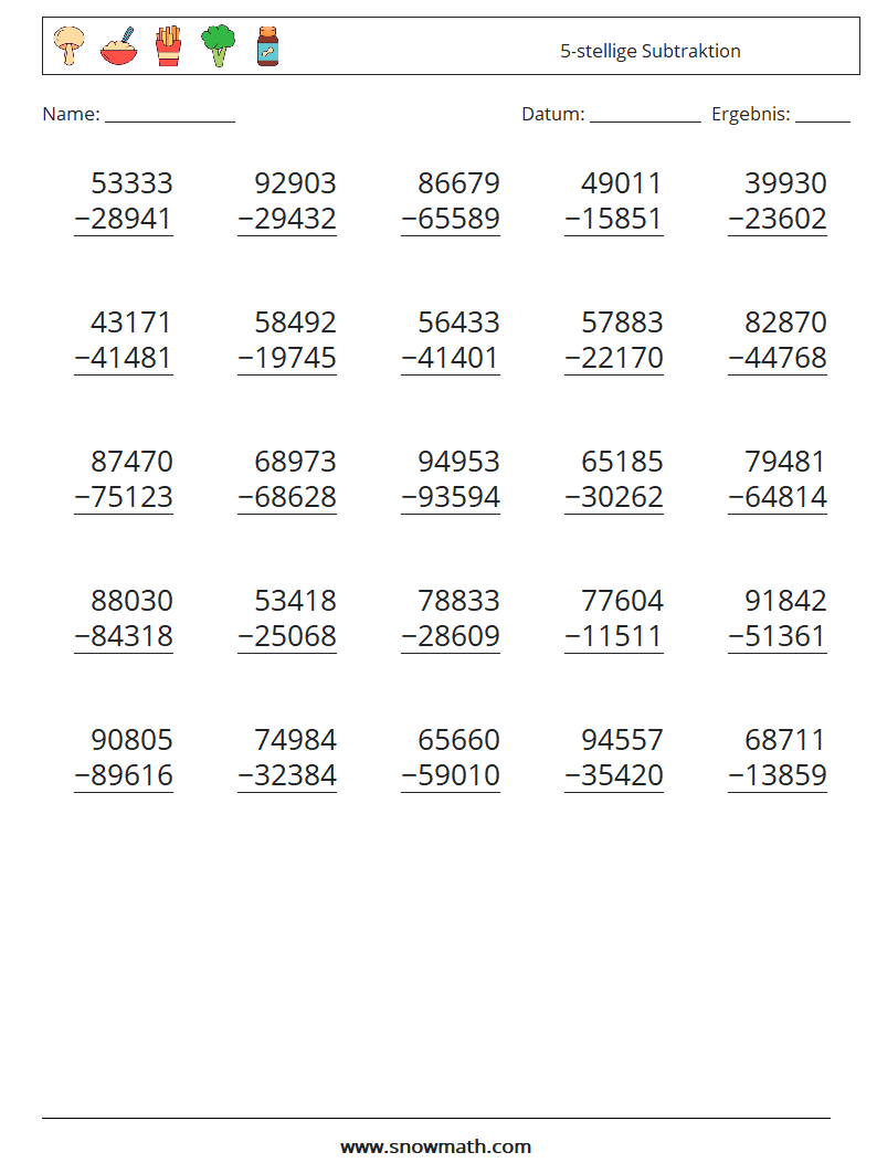 (25) 5-stellige Subtraktion Mathe-Arbeitsblätter 4